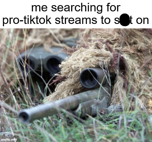 title goes here | me searching for pro-tiktok streams to shit on | image tagged in british sniper team | made w/ Imgflip meme maker