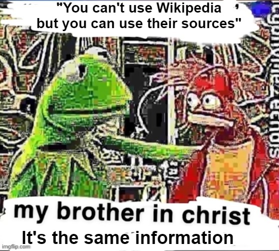 if anyone could edit it it's just be the script to the bee movie again and again | "You can't use Wikipedia but you can use their sources"; It's the same information | image tagged in my brother in christ,wikipedia,funny,funny memes,memes | made w/ Imgflip meme maker