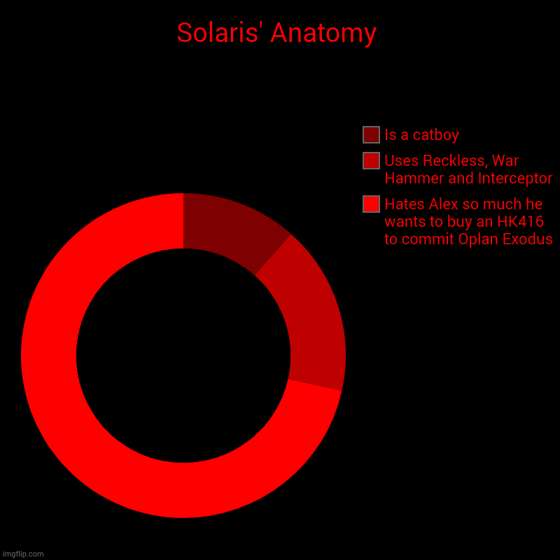 Solaris' Anatomy | Solaris' Anatomy | Hates Alex so much he wants to buy an HK416 to commit Oplan Exodus, Uses Reckless, War Hammer and Interceptor, Is a catbo | image tagged in charts,donut charts,supermechs | made w/ Imgflip chart maker