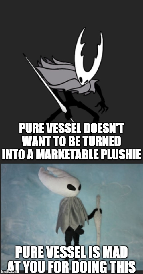 PURE VESSEL DOESN'T WANT TO BE TURNED INTO A MARKETABLE PLUSHIE; PURE VESSEL IS MAD AT YOU FOR DOING THIS | image tagged in hollow knight | made w/ Imgflip meme maker