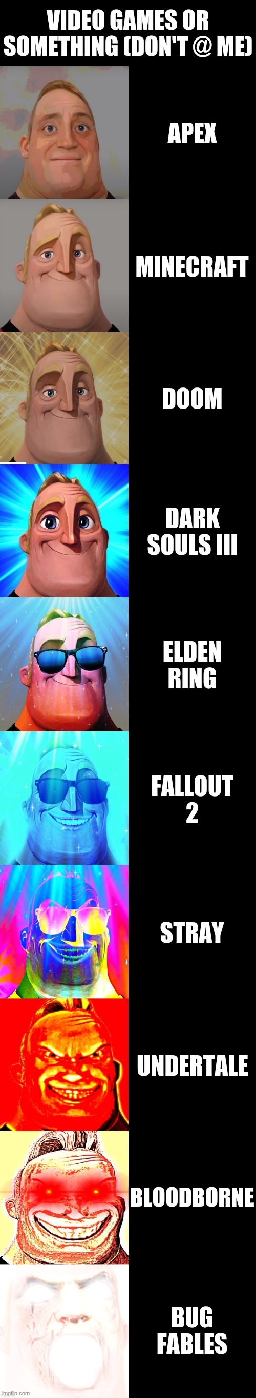 ik this template is dead but i couldn't find another one that fit | VIDEO GAMES OR SOMETHING (DON'T @ ME); APEX; MINECRAFT; DOOM; DARK SOULS III; ELDEN RING; FALLOUT 2; STRAY; UNDERTALE; BLOODBORNE; BUG FABLES | image tagged in mr incredible becoming canny,video games,hot take | made w/ Imgflip meme maker