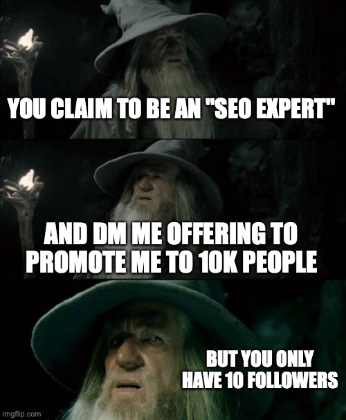 SEO experts | YOU CLAIM TO BE AN "SEO EXPERT"; AND DM ME OFFERING TO PROMOTE ME TO 10K PEOPLE; BUT YOU ONLY HAVE 10 FOLLOWERS | image tagged in memes,confused gandalf | made w/ Imgflip meme maker
