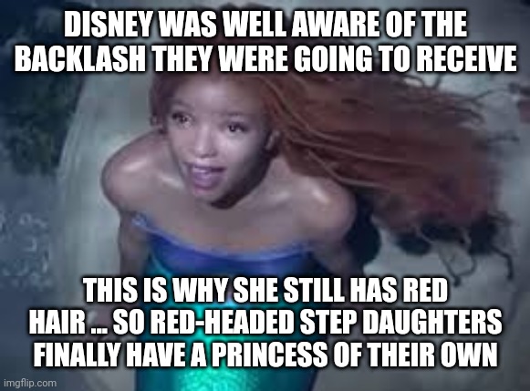 DISNEY WAS WELL AWARE OF THE BACKLASH THEY WERE GOING TO RECEIVE THIS IS WHY SHE STILL HAS RED HAIR ... SO RED-HEADED STEP DAUGHTERS FINALLY | made w/ Imgflip meme maker