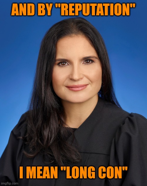 Aileen Cannon maga trump judge | AND BY "REPUTATION" I MEAN "LONG CON" | image tagged in aileen cannon maga trump judge | made w/ Imgflip meme maker