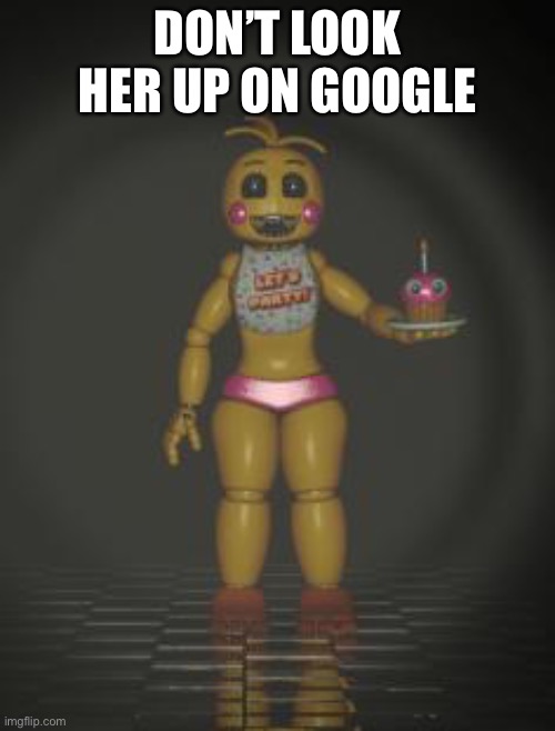 Chica from fnaf 2 | DON’T LOOK HER UP ON GOOGLE | image tagged in chica from fnaf 2,toy chica,five nights at freddy's 2 | made w/ Imgflip meme maker