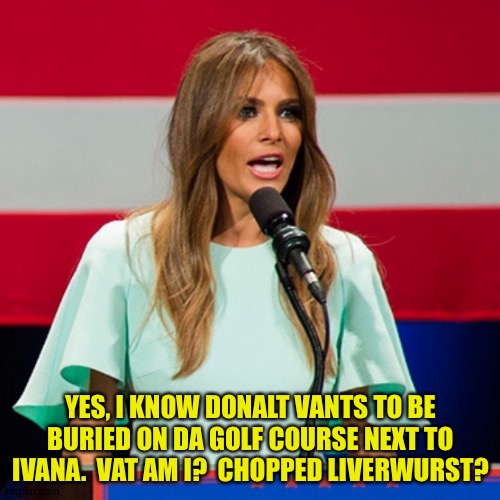 Melania Trump | YES, I KNOW DONALT VANTS TO BE BURIED ON DA GOLF COURSE NEXT TO IVANA.  VAT AM I?  CHOPPED LIVERWURST? | image tagged in melania trump | made w/ Imgflip meme maker