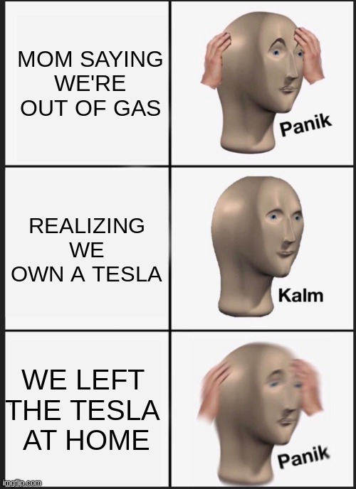 Realization | MOM SAYING WE'RE OUT OF GAS; REALIZING WE OWN A TESLA; WE LEFT THE TESLA  AT HOME | image tagged in panik calm panik | made w/ Imgflip meme maker