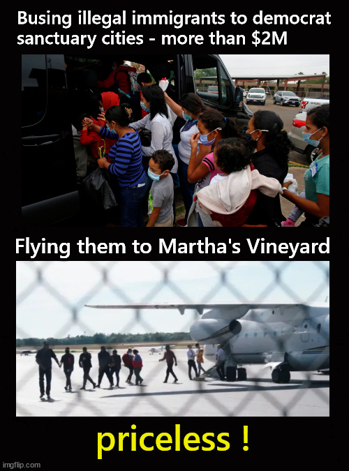 Busing illegal immigrants to democrat sanctuary cities - more than $2M | Busing illegal immigrants to democrat
sanctuary cities - more than $2M; Flying them to Martha's Vineyard; priceless ! | image tagged in martha's vineyard | made w/ Imgflip meme maker