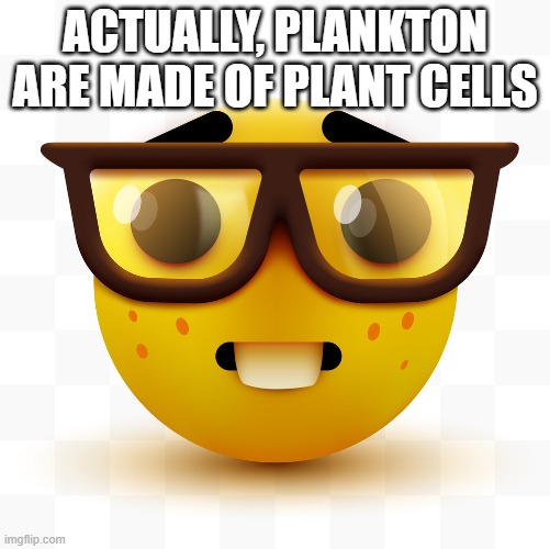 Nerd emoji | ACTUALLY, PLANKTON ARE MADE OF PLANT CELLS | image tagged in nerd emoji | made w/ Imgflip meme maker