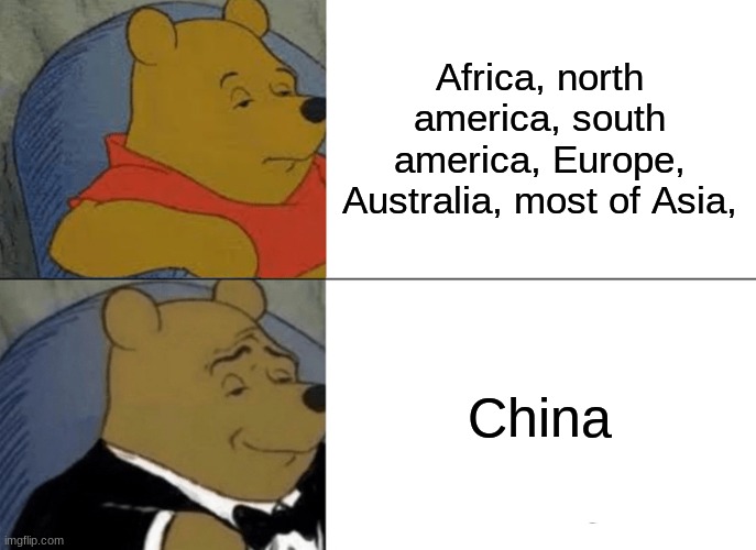 Tuxedo Winnie The Pooh Meme | Africa, north america, south america, Europe, Australia, most of Asia, China | image tagged in memes,tuxedo winnie the pooh | made w/ Imgflip meme maker