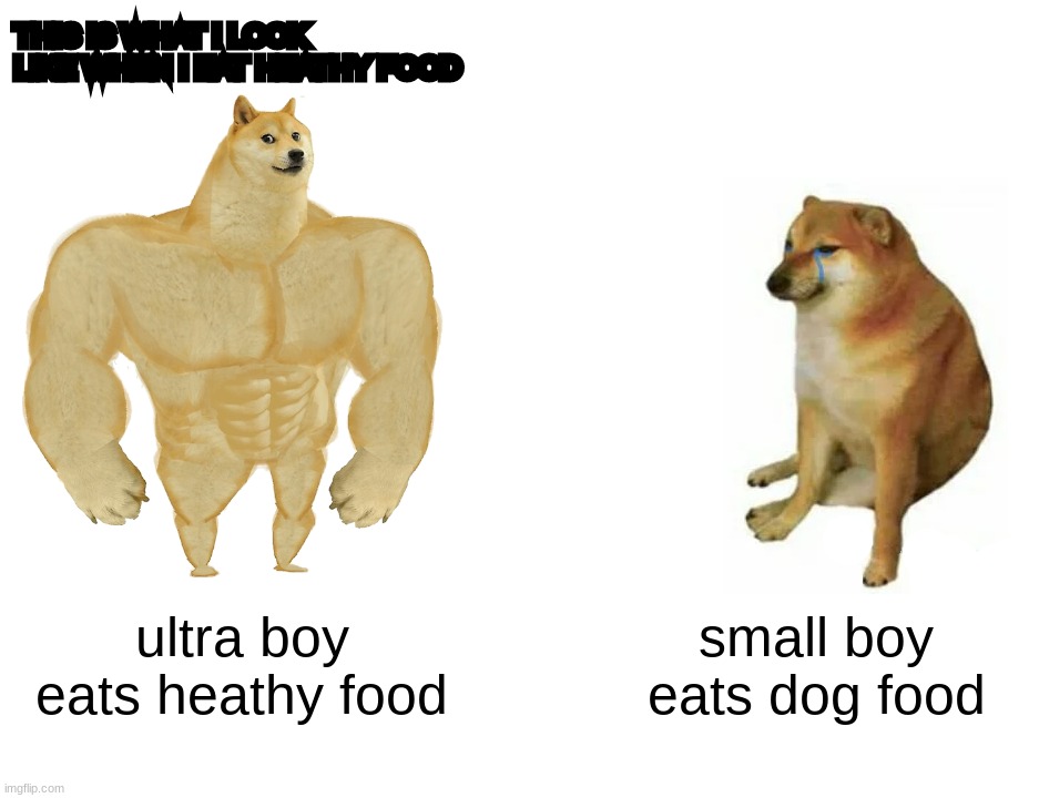 Buff Doge vs. Cheems Meme | THIS IS WHAT I LOOK LIKE WHEN I EAT HEATHY FOOD; ultra boy eats heathy food; small boy eats dog food | image tagged in memes,buff doge vs cheems | made w/ Imgflip meme maker