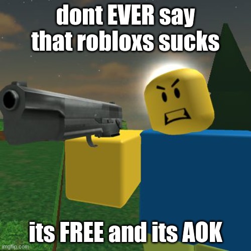 Roblox Noob with a Gun | dont EVER say that robloxs sucks; its FREE and its AOK | image tagged in roblox noob with a gun | made w/ Imgflip meme maker