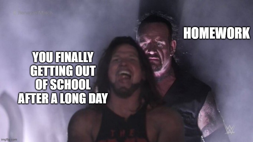 School takes your free time | HOMEWORK; YOU FINALLY GETTING OUT OF SCHOOL AFTER A LONG DAY | image tagged in aj styles undertaker,homework | made w/ Imgflip meme maker