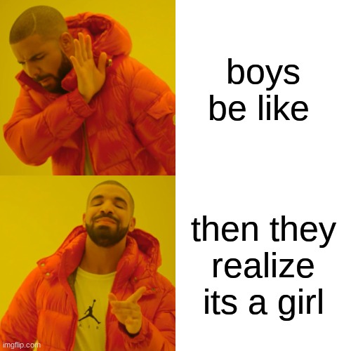 Drake Hotline Bling Meme | boys be like; then they realize its a girl | image tagged in memes,drake hotline bling | made w/ Imgflip meme maker