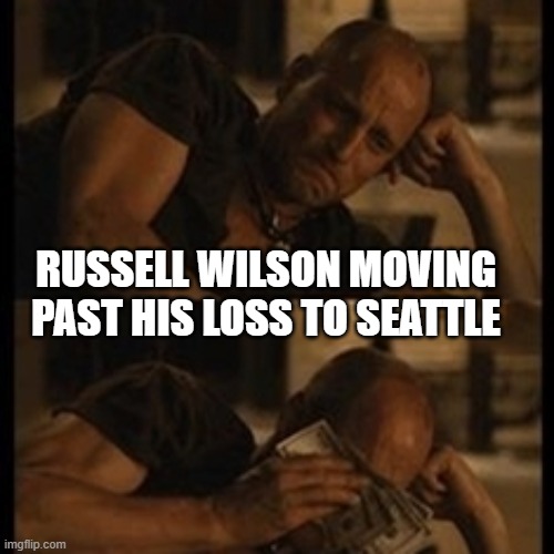 Crying with money | RUSSELL WILSON MOVING PAST HIS LOSS TO SEATTLE | image tagged in crying with money,russell wilson,denver broncos,seattle seahawks | made w/ Imgflip meme maker
