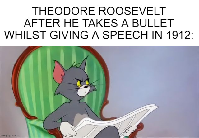 Twas Just a Scratch | THEODORE ROOSEVELT AFTER HE TAKES A BULLET WHILST GIVING A SPEECH IN 1912: | image tagged in tom cat reading a newspaper | made w/ Imgflip meme maker