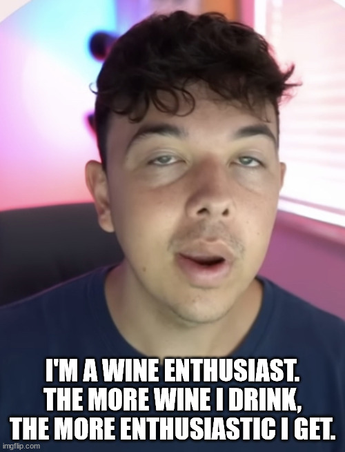 Chad the drunk | I'M A WINE ENTHUSIAST.
THE MORE WINE I DRINK, THE MORE ENTHUSIASTIC I GET. | image tagged in chad the drunk | made w/ Imgflip meme maker