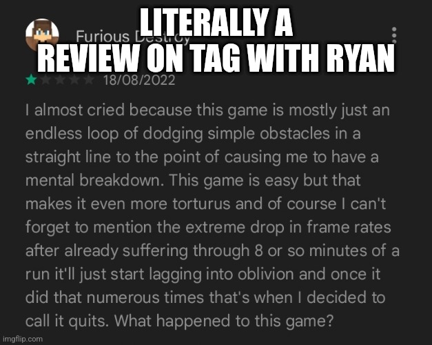 Make the review a copypasta | LITERALLY A REVIEW ON TAG WITH RYAN | made w/ Imgflip meme maker