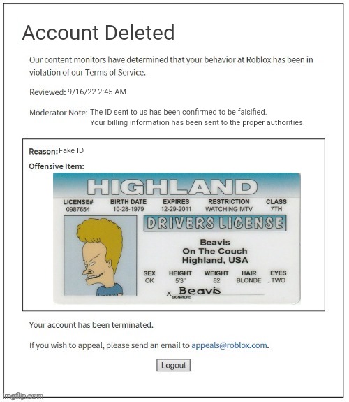 I have no words | Account Deleted; 9/16/22 2:45 AM; The ID sent to us has been confirmed to be falsified. Your billing information has been sent to the proper authorities. Fake ID | image tagged in moderation system,beavis and butthead,banned from roblox,roblox,memes,funny | made w/ Imgflip meme maker