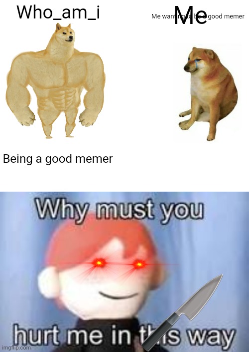 Sad mems | Me wanting to be a good memer; Who_am_i; Me; Being a good memer | image tagged in memes,buff doge vs cheems,why must you hurt me in this way | made w/ Imgflip meme maker