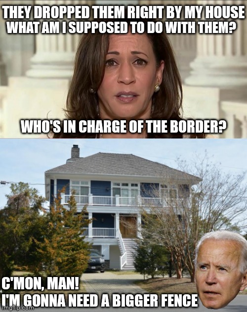 They gotta problem with what is showing up on their doorstep | WHAT AM I SUPPOSED TO DO WITH THEM? THEY DROPPED THEM RIGHT BY MY HOUSE; WHO'S IN CHARGE OF THE BORDER? C'MON, MAN!
I'M GONNA NEED A BIGGER FENCE | image tagged in kamala harris,biden beach house,border wall,illegal immigration,democrats | made w/ Imgflip meme maker