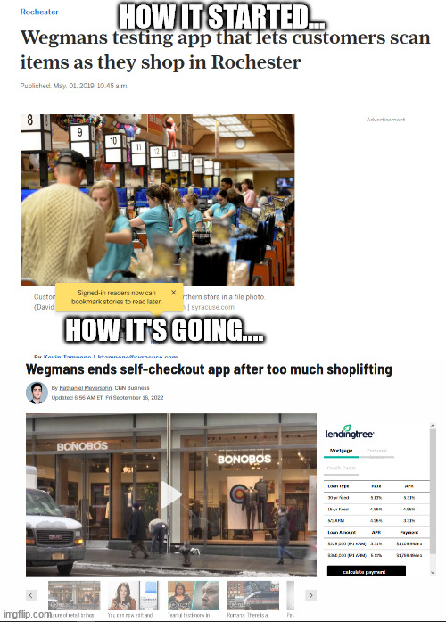 Wegmans Automated Checkout | HOW IT STARTED... HOW IT'S GOING.... | image tagged in automated checkout | made w/ Imgflip meme maker