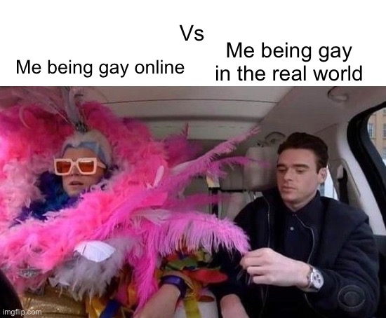 Vs; Me being gay in the real world; Me being gay online | image tagged in blank white template,gay,online,feathers,sad,emo | made w/ Imgflip meme maker