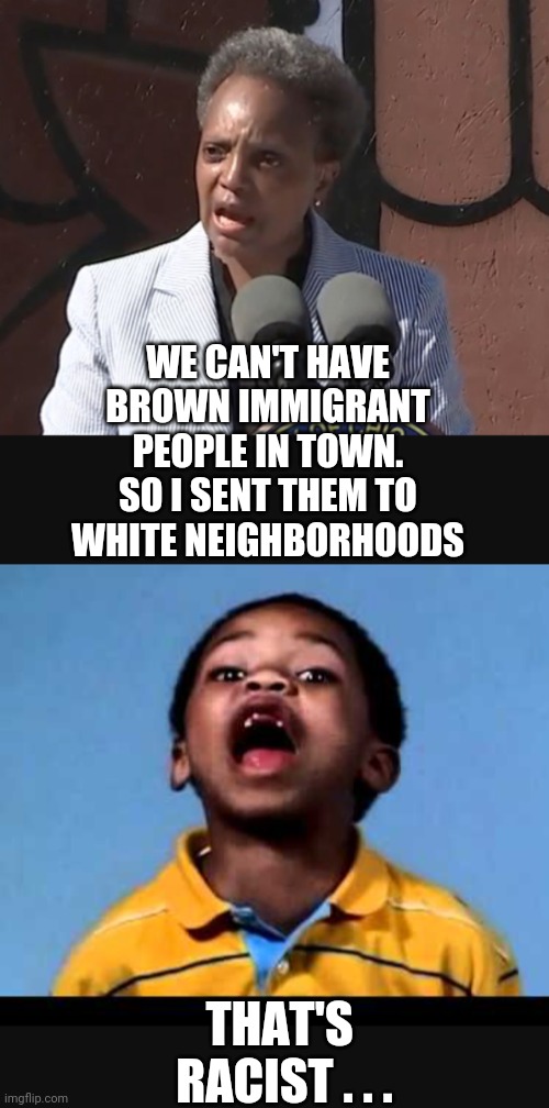 Hypocrite Bigot Lib |  WE CAN'T HAVE BROWN IMMIGRANT PEOPLE IN TOWN.
SO I SENT THEM TO WHITE NEIGHBORHOODS; THAT'S 
RACIST . . . | image tagged in liberals,leftists,democrats,chicago,immigrants,blm | made w/ Imgflip meme maker