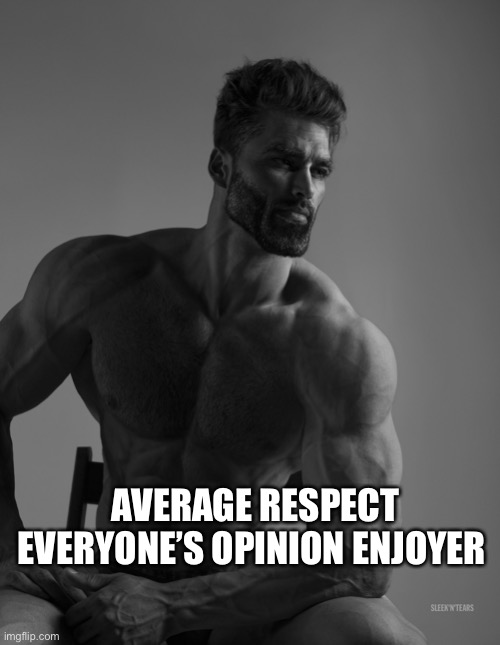 Giga Chad | AVERAGE RESPECT EVERYONE’S OPINION ENJOYER | image tagged in giga chad | made w/ Imgflip meme maker