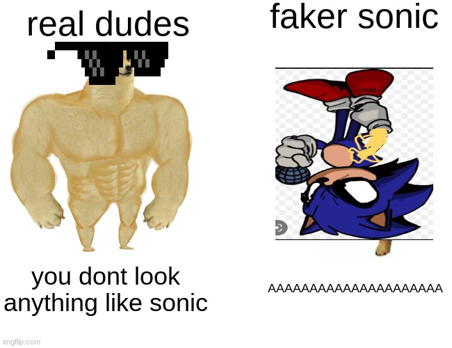 ... | faker sonic; real dudes; you dont look anything like sonic; AAAAAAAAAAAAAAAAAAAAA | image tagged in memes,buff doge vs cheems | made w/ Imgflip meme maker