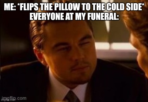 Everyone else at my funeral | ME: *FLIPS THE PILLOW TO THE COLD SIDE*
EVERYONE AT MY FUNERAL: | image tagged in hmmm,funeral,memes,funny | made w/ Imgflip meme maker
