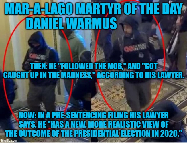 Does that mean he now accepts the fact that Joe Biden won? | MAR-A-LAGO MARTYR OF THE DAY
DANIEL WARMUS; THEN: HE "FOLLOWED THE MOB," AND "GOT CAUGHT UP IN THE MADNESS," ACCORDING TO HIS LAWYER. NOW: IN A PRE-SENTENCING FILING HIS LAWYER SAYS, HE "HAS A NEW, MORE REALISTIC VIEW OF THE OUTCOME OF THE PRESIDENTIAL ELECTION IN 2020." | image tagged in politics | made w/ Imgflip meme maker