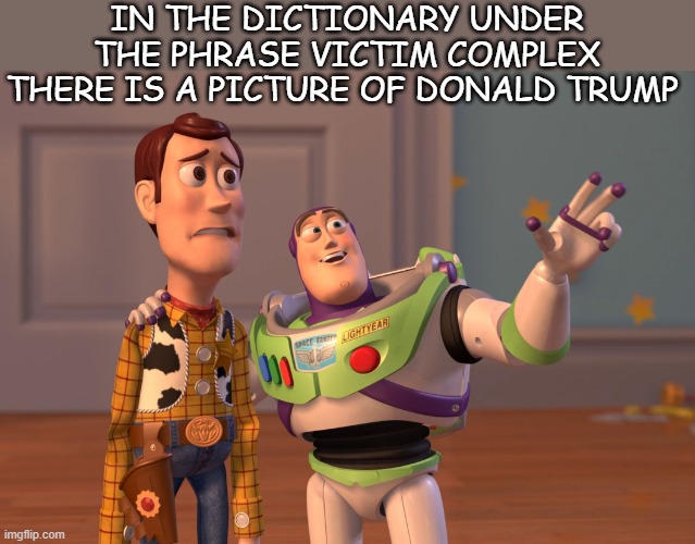 X, X Everywhere Meme | IN THE DICTIONARY UNDER THE PHRASE VICTIM COMPLEX THERE IS A PICTURE OF DONALD TRUMP | image tagged in memes,x x everywhere | made w/ Imgflip meme maker