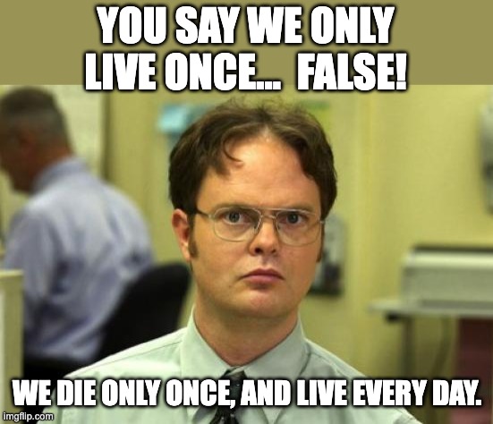 False |  YOU SAY WE ONLY LIVE ONCE...  FALSE! WE DIE ONLY ONCE, AND LIVE EVERY DAY. | image tagged in memes,dwight schrute | made w/ Imgflip meme maker