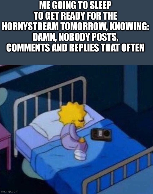 I don’t think I’ll sleep | ME GOING TO SLEEP TO GET READY FOR THE HORNYSTREAM TOMORROW, KNOWING: DAMN, NOBODY POSTS, COMMENTS AND REPLIES THAT OFTEN | image tagged in sad | made w/ Imgflip meme maker