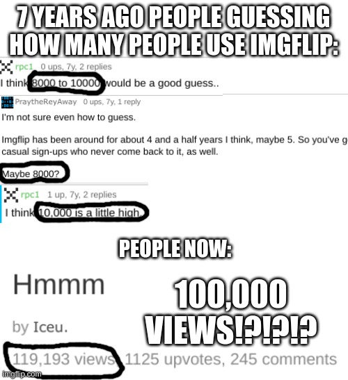 7 YEARS AGO PEOPLE GUESSING HOW MANY PEOPLE USE IMGFLIP:; PEOPLE NOW:; 100,000 VIEWS!?!?!? | image tagged in blank white template,imgflip users,fun,funny,imgflip,hmmmm | made w/ Imgflip meme maker