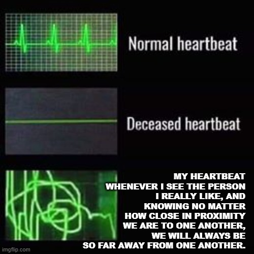 So Close, Yet So Far Away... | MY HEARTBEAT WHENEVER I SEE THE PERSON I REALLY LIKE, AND KNOWING NO MATTER HOW CLOSE IN PROXIMITY WE ARE TO ONE ANOTHER, WE WILL ALWAYS BE SO FAR AWAY FROM ONE ANOTHER. | image tagged in heartbeat rate,memes,life,depression sadness hurt pain anxiety,reality,real life | made w/ Imgflip meme maker