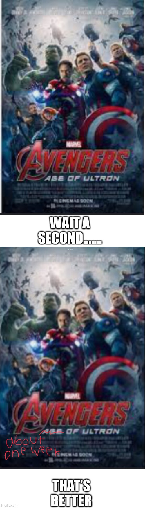 Avengers: about one week of ultron | WAIT A SECOND……. THAT’S BETTER | image tagged in avengers | made w/ Imgflip meme maker