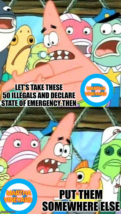 democrat want Illegals out of their neighborhoods | MARTHA VINEYARD; LET'S TAKE THESE 50 ILLEGALS AND DECLARE STATE OF EMERGENCY THEN; MARTHA VINEYARD; PUT THEM SOMEWHERE ELSE | image tagged in memes,put it somewhere else patrick,illegals,democrats,hypocrisy | made w/ Imgflip meme maker