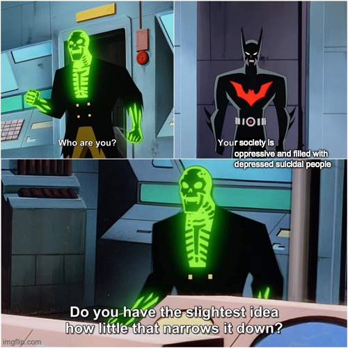 Batman Beyond | r society is oppressive and filled with depressed suicidal people | image tagged in batman beyond | made w/ Imgflip meme maker