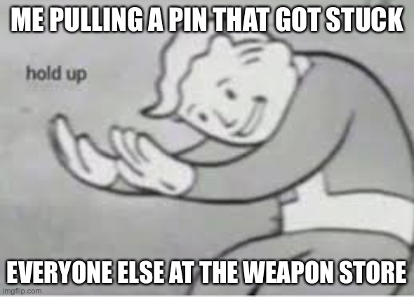 Hold up | ME PULLING A PIN THAT GOT STUCK; EVERYONE ELSE AT THE WEAPON STORE | image tagged in hol up | made w/ Imgflip meme maker
