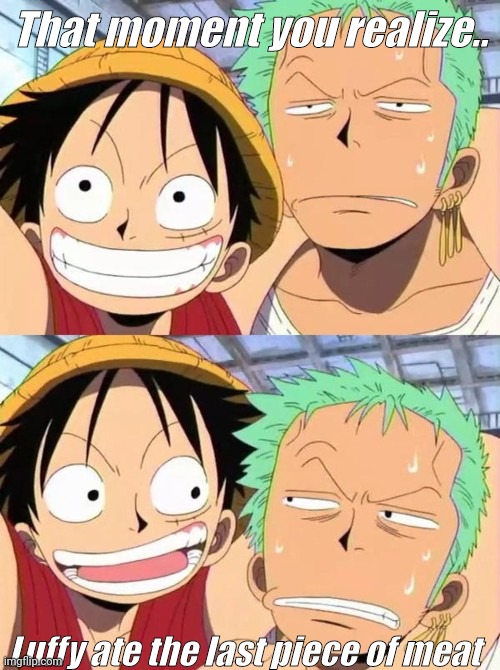 Why, Luffy? Just.. Why? | That moment you realize.. Luffy ate the last piece of meat | image tagged in luffy and zoro | made w/ Imgflip meme maker