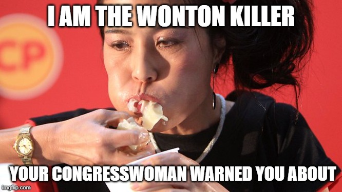 I Am The Wonton Killer Your Congresswoman Warned You About | I AM THE WONTON KILLER; YOUR CONGRESSWOMAN WARNED YOU ABOUT | made w/ Imgflip meme maker