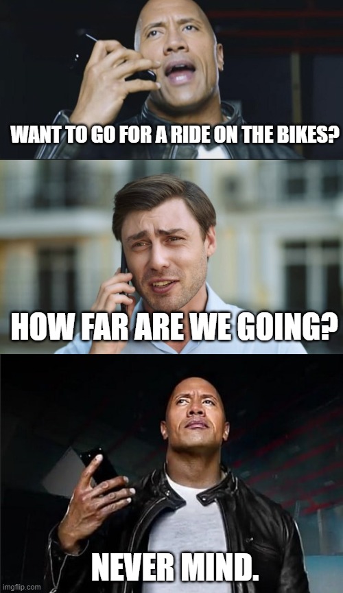 The Rock |  WANT TO GO FOR A RIDE ON THE BIKES? HOW FAR ARE WE GOING? NEVER MIND. | image tagged in the rock,bike ride,rock on the phone,harley davidson,motorcycle | made w/ Imgflip meme maker