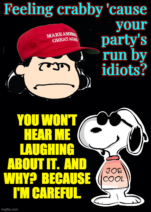 Voting Blue clears your conscience and brightens your mood. | Feeling crabby 'cause
your
party's
run by
idiots? YOU WON'T
HEAR ME
LAUGHING
ABOUT IT.  AND
WHY?  BECAUSE
I'M CAREFUL. | image tagged in memes,gop,lucy van pelt,snoopy,vote blue | made w/ Imgflip meme maker