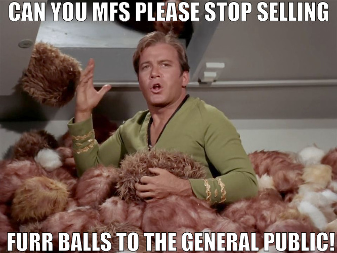 HAIR IN THE CARS LIKE EVERYWHERE | CAN YOU MFS PLEASE STOP SELLING; FURR BALLS TO THE GENERAL PUBLIC! | image tagged in star trek kirk tribbles,meme | made w/ Imgflip meme maker