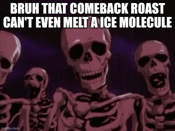 Berserk Roast Skeletons | BRUH THAT COMEBACK ROAST CAN'T EVEN MELT A ICE MOLECULE | image tagged in berserk roast skeletons | made w/ Imgflip meme maker