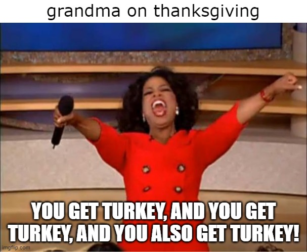 Oprah You Get A | grandma on thanksgiving; YOU GET TURKEY, AND YOU GET TURKEY, AND YOU ALSO GET TURKEY! | image tagged in memes,oprah you get a,thanksgiving,grandma,holidays,turkey | made w/ Imgflip meme maker