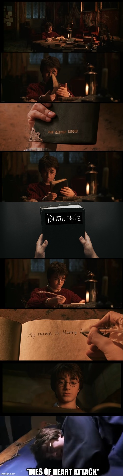 HARRY GOT THE DEATH NOTE | *DIES OF HEART ATTACK* | image tagged in harry potter,harry potter meme,death note | made w/ Imgflip meme maker