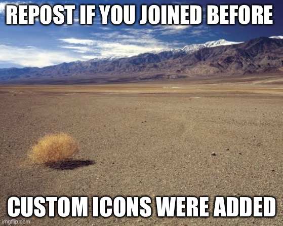 They were added about,October 2021 | REPOST IF YOU JOINED BEFORE; CUSTOM ICONS WERE ADDED | image tagged in desert tumbleweed | made w/ Imgflip meme maker